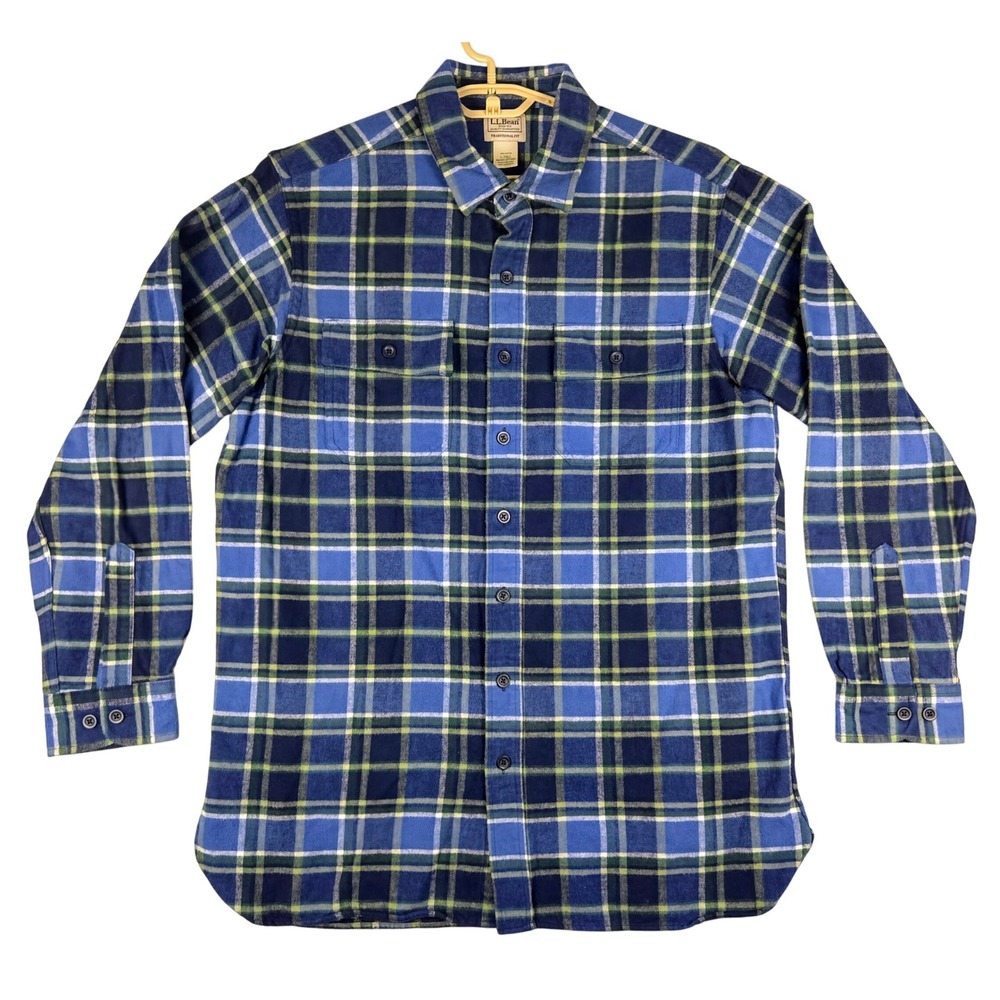L.L. Bean Mens Flannel Shirt Blue Plaid Traditional Fit‎ L Tall 277982